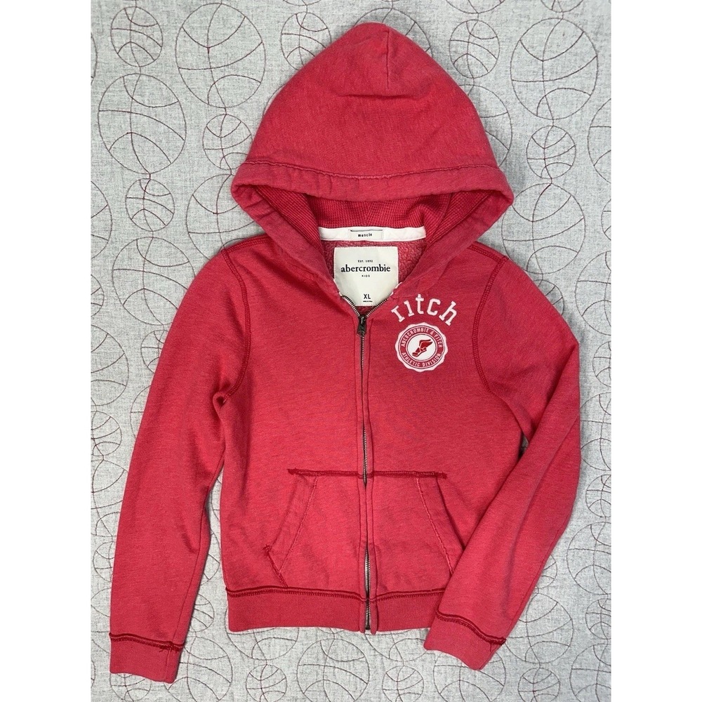Abercrombie Fitch Hoodie Kids XL Pink Spell Out Sleeve Track Logo Muscle Zip Y2K
